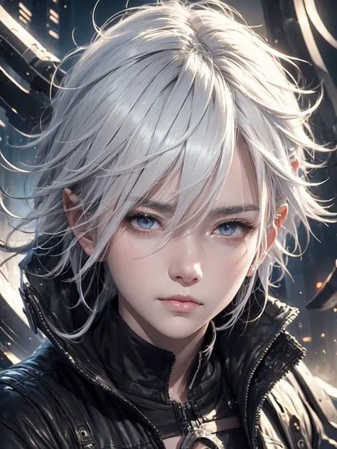 close-up image of a white-haired person boy wearing a black jacket, short hair, animal ears, wolfe, digital art, artwork in the ...