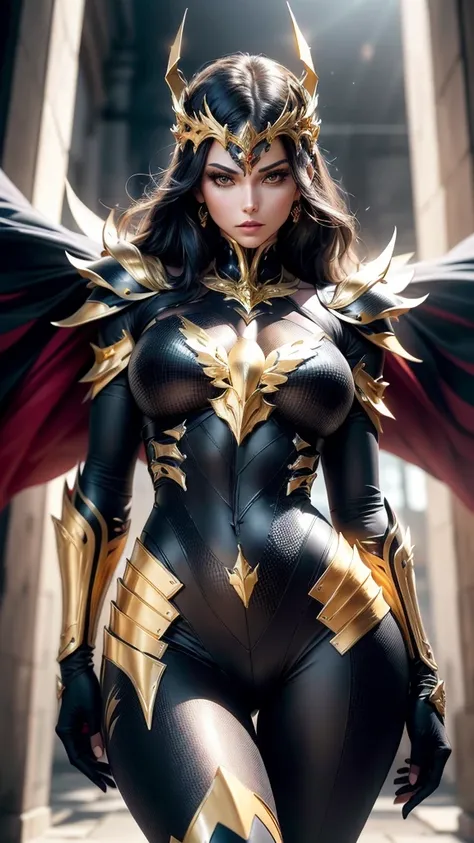 a woman adorned in fantasy-style full-body armor, a crown-concept fully enclosed helmet that unveils only her eyes, a composite ...