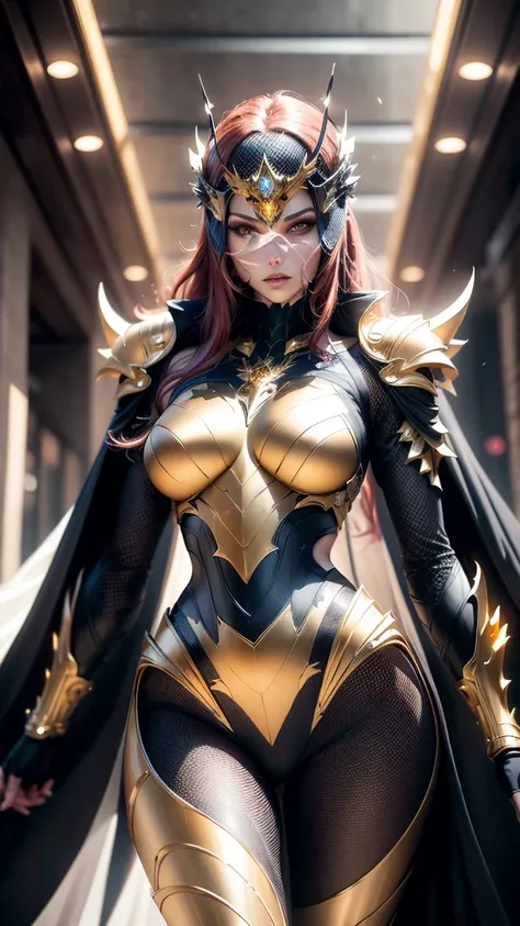 a woman adorned in fantasy-style full-body armor, a crown-concept fully enclosed helmet that unveils only her eyes, a composite ...