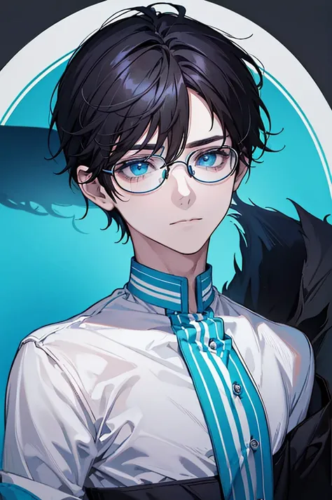 Boy, charming, Black hair with brown highlight, blue Aqua eyes, Wears Blue and white stripe polo shirt,wears Circle shape Glasses,black pierce on his left ear, flat green background