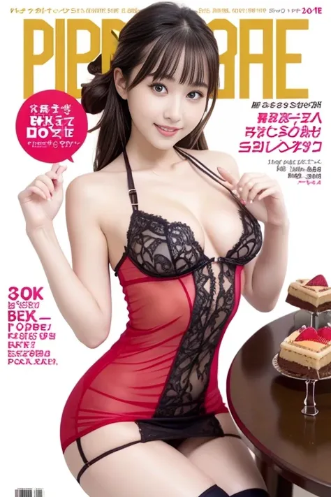 (small breasts:1.2), (perky chest:1.2), (pointed chest:1.2), (Pudding cake magazine cover:1.3),(from above:1.0),(shoot from the side:1.1),masterpiece, 1girl, Amazing Cleavage:1.1, thin waist, optimum,tmasterpiece,hight resolution,best qualtiy,hyper HD,supe...