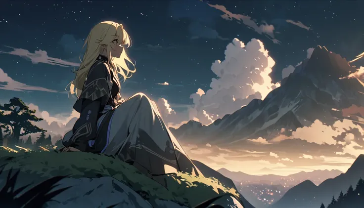 octans, sky, 1girl, night sky, solo, outdoors, building, cloud, sitting on a rock , tree, long blond hair, sitting on a rock in the mountains with a beautiful view, ,Also have some clouds
