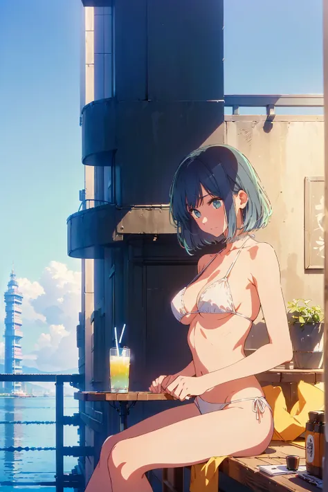 Highest quality,8k,detailed,F cup bust、Big Breasts、Very cute face、Slim and beautiful arms、Slim body、Best Beautiful Legs、Very white beautiful skin、((((1 person、smile、Thin white bikini、smile、sit、In the background are the urban buildings of Tokyo、Outdoor café...