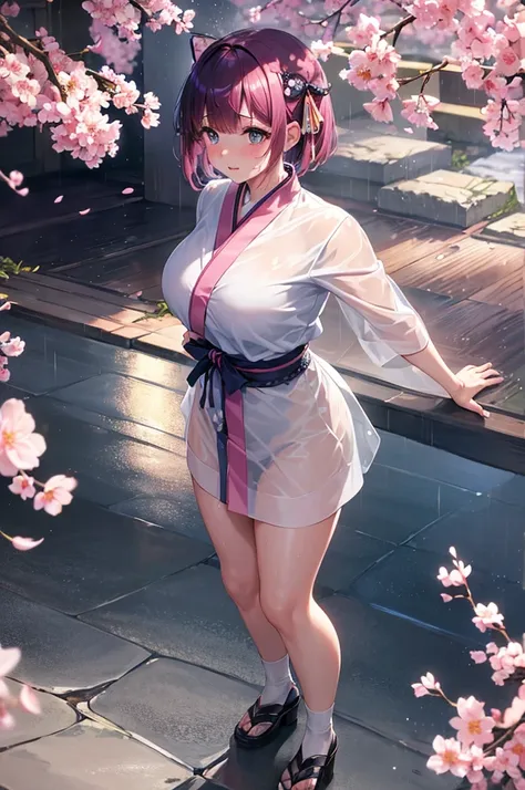 nino nakano, short hair, bangs, blue eyes, hair ornaments, Hair Ribbon, Pink Hair, blunt bangs, Both sides up, butterfly hair ornaments, skirt, No sleeve、、Random color see-through kunoichi costume、Japanese see-through female samurai costume、See-through fem...