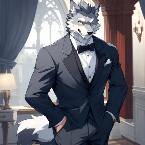 a handsome furry wolf, grey fur, cute, rich, formal clothes, head only, solo