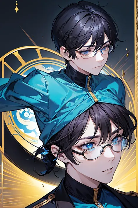 Guy, boy, charming, Black hair with brown highlight, blue eyes, Wears Blue and white stripe polo shirt,wears Circle shape Glasses,black pierce on his left ear, Yellow wall background