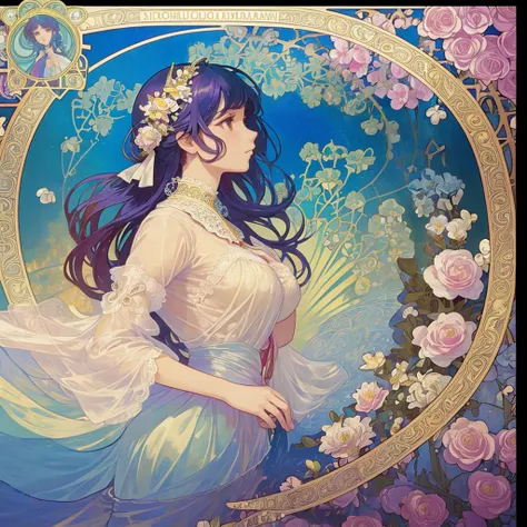 (((1 girl ))), masterpiece, highest quality, beautifully、aesthetic: 1.2, gem, Quality lace, Detailed frame, Flowers, water, A beautiful girl fits into the frame, rainbow hair, bubbles, profile, (Alphonse Mucha Style),