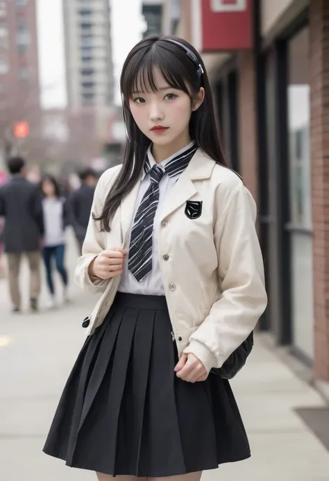  A high resolution, Chinese American, with bangs, Hair gathered, on-ear headphones, jacket with black and white stripes, "Long" Black skirt, lolita shoes, Bruce Wayne&#39;s daughter