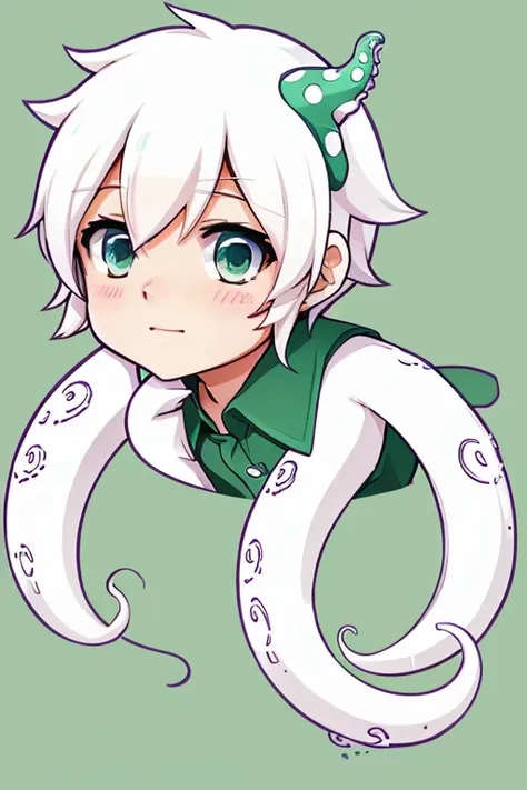 Image of a cute boy with white octopus tentacles on a green background, draw it with anime style 2d for vtuber avatar on youtube