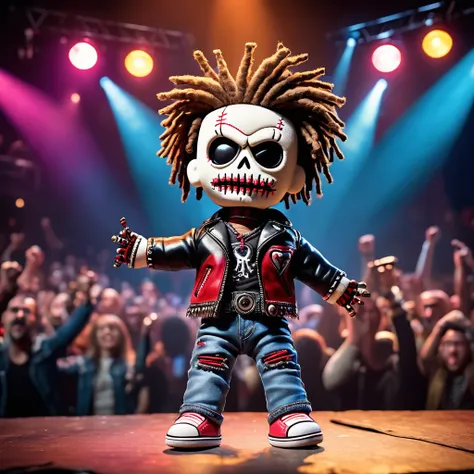 (knitted toy voodoo doll:1.2), Voodoo at a rock concert, Clothes Leather jacket, ripped jeans, sunglasses, in the background a stage with musical equipment, a crowd of fans, bright spotlights, best quality, masterpiece, soft oil painting, detailed backgrou...