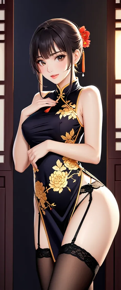 High resolution, adult woman , good lighting, despicable, , (nudity), (((China dress))), (()), ((())), (garter belt), abdomen only, (),  ,  cute face, I&#39;m embarrassed and blush, humiliating, ((turn around and look back)), ((See-through))()(T-back)(a la...