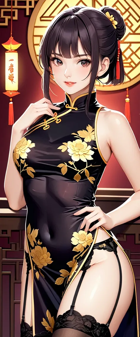 High resolution, adult woman , good lighting, despicable, , (nudity), (((China dress))), (()), ((())), (garter belt), abdomen only, (),  ,  cute face, I&#39;m embarrassed and blush, humiliating, ((turn around and look back)), ((See-through))()(T-back)(a la...