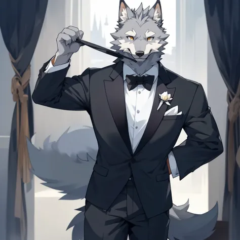 a handsome furry wolf, grey fur, cute, rich, formal clothes, head only, solo, only head