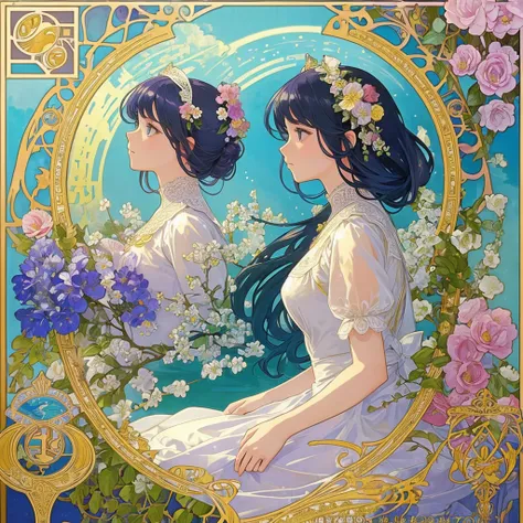 (((1 girl ))), masterpiece, highest quality, beautifully、aesthetic: 1.2, gem, Quality lace, Detailed frame, Flowers, water, A beautiful girl fits into the frame, rainbow hair, bubbles, profile, Alphonse Mucha Style