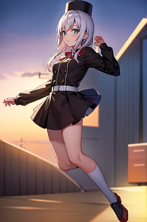 anime girl in uniform jumping with her hands up, anime moe artstyle, jk uniform, marin kitagawa fanart, !!full body portrait!!, ...