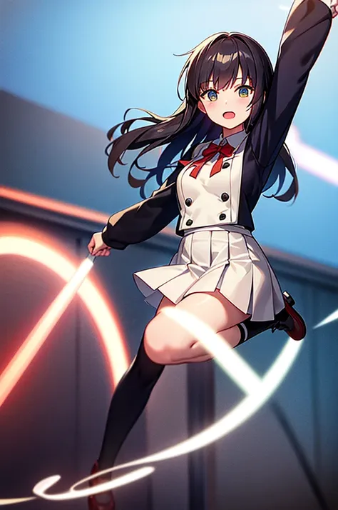 anime girl in uniform jumping with her hands up, anime moe artstyle, jk uniform, marin kitagawa fanart, !!full body portrait!!, ...