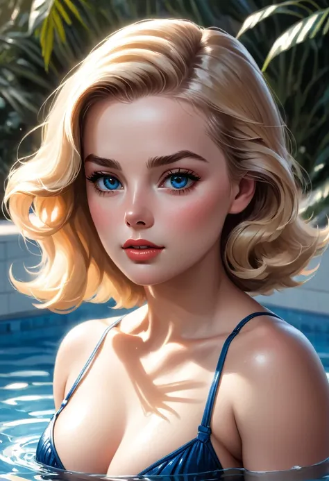 illustration of Grace Kelly, detailed short messy blonde hair, mid shot, Detailed skin, detailed body, muscular, solo, wearing tiny micro bikini, huge breasts, thick thighs, wide hips, , split abs, thick thighs, blue eyes, Natural Skin Texture, skin detail...