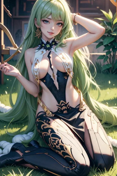 Mobius_(honkai impact 3d), white roses, ornament hair, white roses on her hair, succubus, a snake girl, perfectly body, perfectly hands, wave hair, light green hair, long hair, seat on a grass, garden scenery, gold lantern, white dress, more details on her...