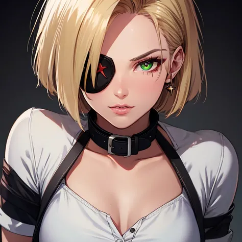 Eye patch, Android１８Number, collar, UHD, retina, masterpiece, ccurate, anatomically correct, textured skin, super detail, high details, high quality, best quality, highres, 4K