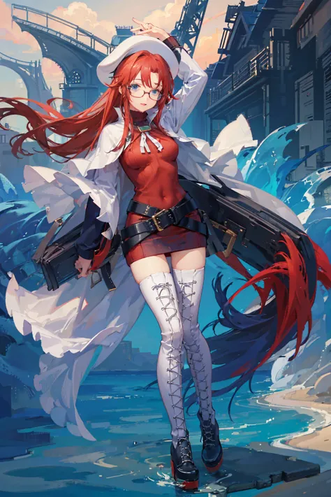 summonnightaty, aty, (young:1.3),long hair, blue eyes, red hair, big_tits, hat, glasses,
BREAK long hair, thighhighs, hat, dress, naked_legs, glasses, belt, cape, sweater, zettai ryouiki, beret, thigh boots, white footwear, ribbed sweater, loose belt,solo,...