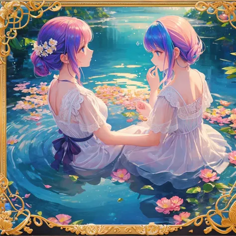 (((1 girl ))), masterpiece, highest quality, beautifully、aesthetic: 1.2, gem, Quality lace, Detailed frame, Flowers, water, A beautiful girl fits into the frame, rainbow hair, bubbles, profile