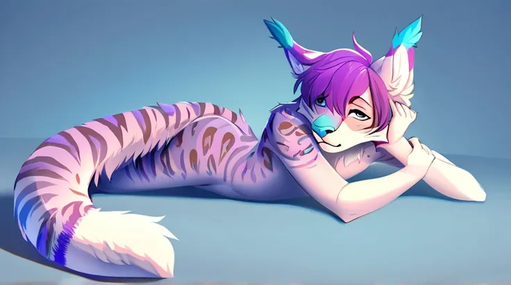 adult, feline, mammal, anthro, anthromorphic, snow, leopard, striped_feline, fur, furred_anthro, fluffy_tail femboy, male, bangs, ear_tufts, blue_nose, paws, hair_tuft, hair_between_eyes, long_tail, fluffy, feline_ears, expressive_eyes, purple_hair, light ...