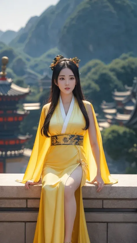 araffe woman in a sexy yellow kimono sitting on a ledge, palace ， a girl in sexy hanfu, realistic anime 3 d style, artwork in the style of guweiz, beautiful character painting, 3 d anime realistic, trending on cgstation, anime styled 3d, wearing ancient se...