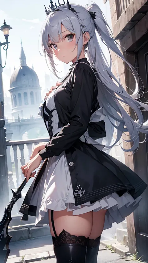 （（（highest quality、Masterpiece、Normal body、8k、Detailed face、Ultra-precision、Normal hand、Normal finger、５Finger、Highest）））Beautiful girl with gray silver hair、Princess、Absolute Being、Twilight Dress、White and black skirt、Shiny Tiara、metal boots、Death Scythe、G...