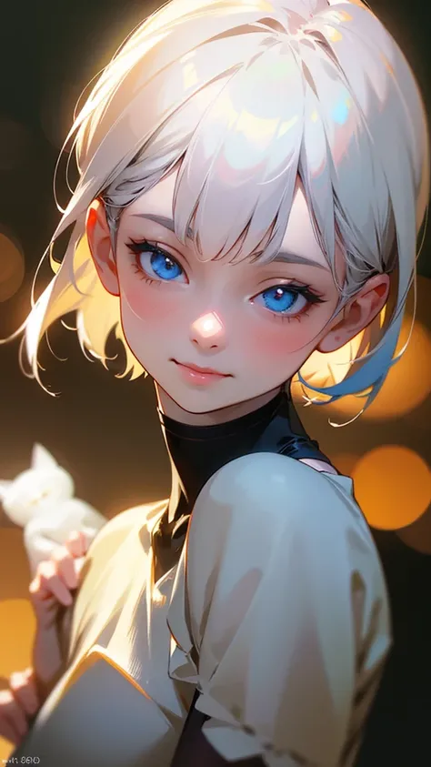 A cute girl with cat smile, short white hair, pale skin, shy expression, adorable, (best quality,4k,8k,highres,masterpiece:1.2),ultra-detailed,(realistic,photorealistic,photo-realistic:1.37),HDR,studio lighting,extreme detail description,professional,vivid...