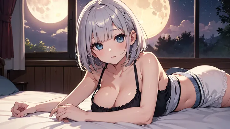 Ultra-high resolution,masterpiece, Attention to detail, Highest quality, 4K,(Silver braided short bob、camisole),(well endowed,Captivating body、Ultra-detailed skin、Beautiful eyes、Detailed Background),1girl、(lie face down, sleeping,Lying down)、bed、night、I ca...