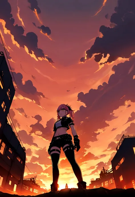 cloud, cloudy_sky, dusk, evening, fire, gloves, gradient_sky, orange_sky, outdoors, scenery, science_fiction, sky, sunset, twilight, from_below, Pink hair,punk girl