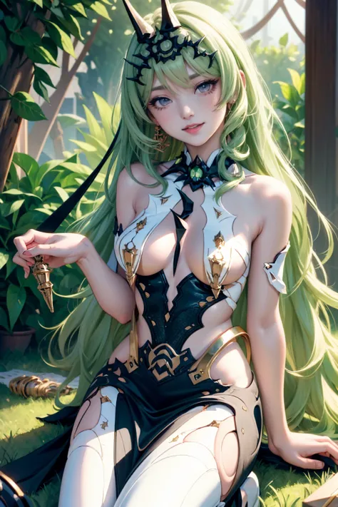 Mobius_(honkai impact 3d), white roses, ornament hair, white roses on her hair, succubus, a snake girl, perfectly body, perfectly hands, wave hair, light green hair, long hair, seat on a grass, garden scenery, gold lantern, white dress, more details on her...