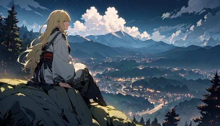 octans, sky, 1girl, night sky, solo, outdoors, building, cloud, sitting on a rock , tree, long blond hair, sitting on a rock in the mountains with a beautiful view, ,Also have some clouds
