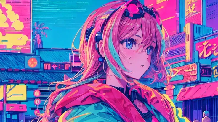 Highest quality, 4k wallpaper, masterpiece, Highly detailed CG Unity 8k wallpaper, Very fine grain, Super detailed, Intricate details, 中央に1peopleの幸せな女の子のクローズアップ, Retro art style, ((Synthwave art style)), public, Outdoor, road signs, city, people々