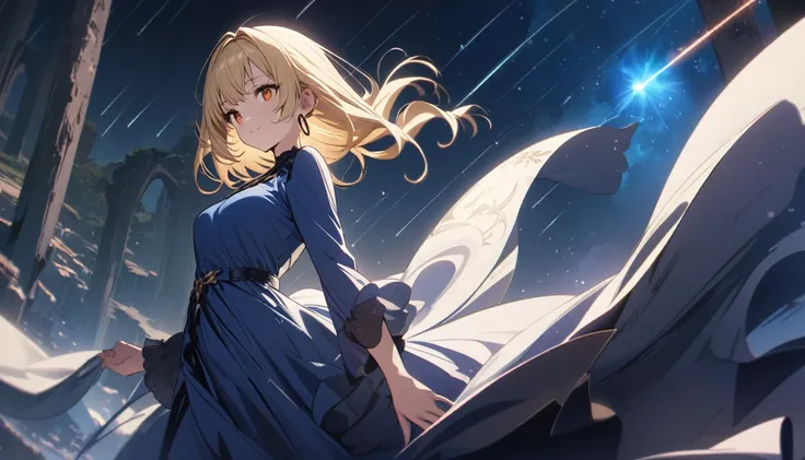 Masterpiece, Top Quality, High Resolution, Super Dimensional Face, Cute Eyes, Very Beautiful Girl in Long Blue Dress Anime Character, One Beautiful Girl, Long Dress, Solo, Blue Dress, (Bob-cut Hair:1.1), Amber Eyes, Gazing, Blonde Hair, ((Hair Fluttering i...