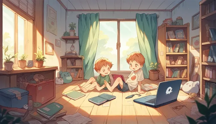 children story book illustration Children playing games in their room with laptop
