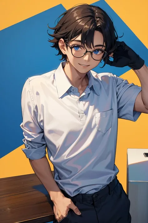 Boy, one boy,charming, Black hair with brown highlight, blue eyes, Wears Blue polo shirt with white shirt under,wears Glasses,black pierce on his left ear, standing, right hand inside the pocket, smile slightly, yellow background