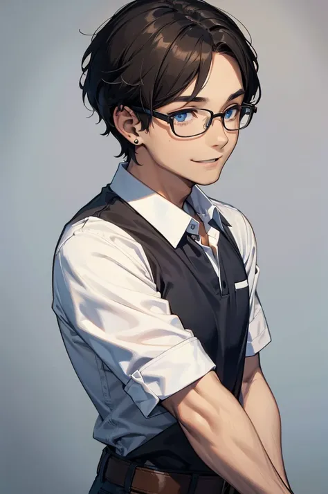 Boy, one boy,charming, Black hair with brown highlight, blue eyes, Wears Blue polo shirt with white shirt under,wears Glasses,black pierce on his left ear, standing, right hand inside the pocket, smile slightly, yellow background