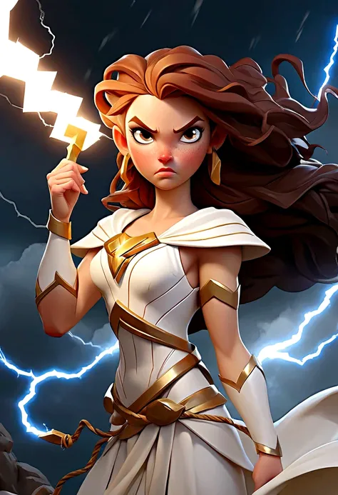 Woman in white dress holding lightning bolt, Goddess of Thunder, A digital painting inspired by Zeus from Greek mythology, epic digital art illustration, Character art by Charlie Bowter, Inspired by Magali Villeneuve, Lightning flashes behind her, Graphic ...