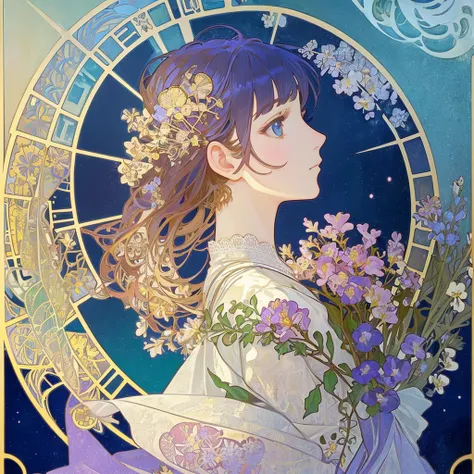 (((1 girl ))), masterpiece, highest quality, beautifully、aesthetic: 1.2, gem, Quality lace, Detailed frame, Flowers, water, A beautiful girl fits into the frame, starry sky background,  rainbow hair, profile, (Alphonse Mucha Style),