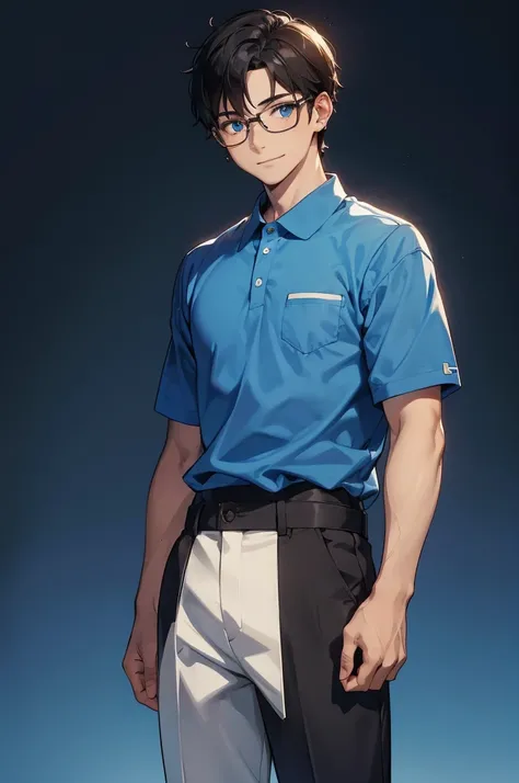 Boy, one boy,charming, Black hair with brown highlight, blue eyes, Wears Blue polo shirt with white shirt under,wears Glasses,black pierce on his left ear, standing, right hand inside the pocket, smile slightly, yellow background