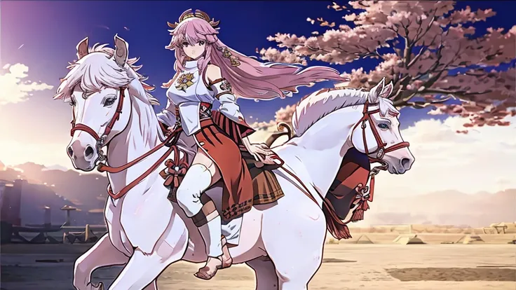 a white girl in barefoot riding horse in anime style