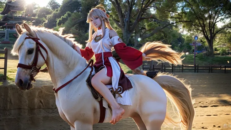 a white girl in barefoot riding horse in anime style