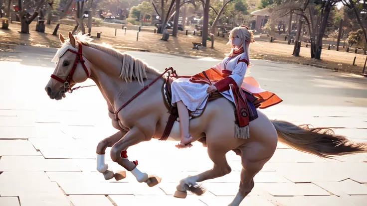 a white girl in barefoot riding horse in anime style