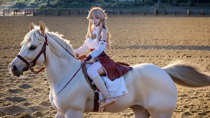 a white girl in barefoot riding horse in anime style