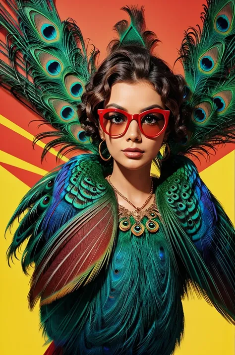 Peacock wearing 3d glasses with one lens in red and one in blue looking a the camera standing in front of a solid yellow background in cartoon artstyle 2d