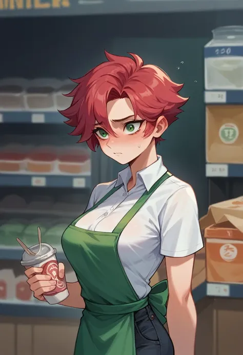 Crimson hair, meek, short hair, tomboy, female, shy, b cup breasts, convenience store worker, white polo shirt, black jeans, green apron