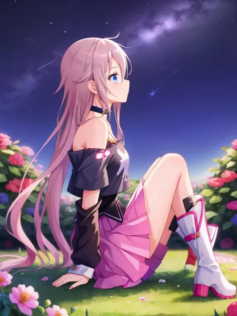 one girl, ia, vocaloid, skirt, black shirt, off shoulder, choker, beauty, girl from other planet, happy, mysterious girl, boots,...