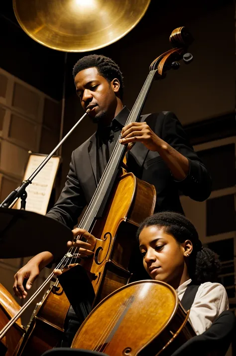 Crear una imagen de una persona de color negro, tocando la trompeta,in a jazz club in the company of a double bassist, un (Pianista) un Baterista , de
bajo de un cartel que pone "Entre las Cuerdas "estilo pixar
