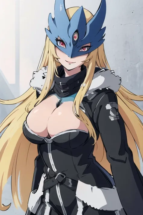 ((masterpiece,best quality)), absurdres, Beelstarmon_Digimon, 1girl, smile, solo,  blonde hair, large breasts, red eyes, sidelocks, third eye, mask,  (fur coat:1.5), cowboy shot,